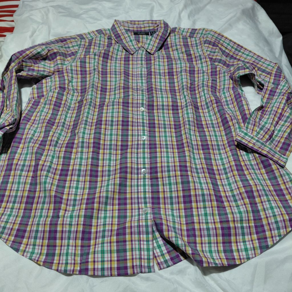 Susan Graver Weekend Plaid Button Down Shirt XLP Purple Green